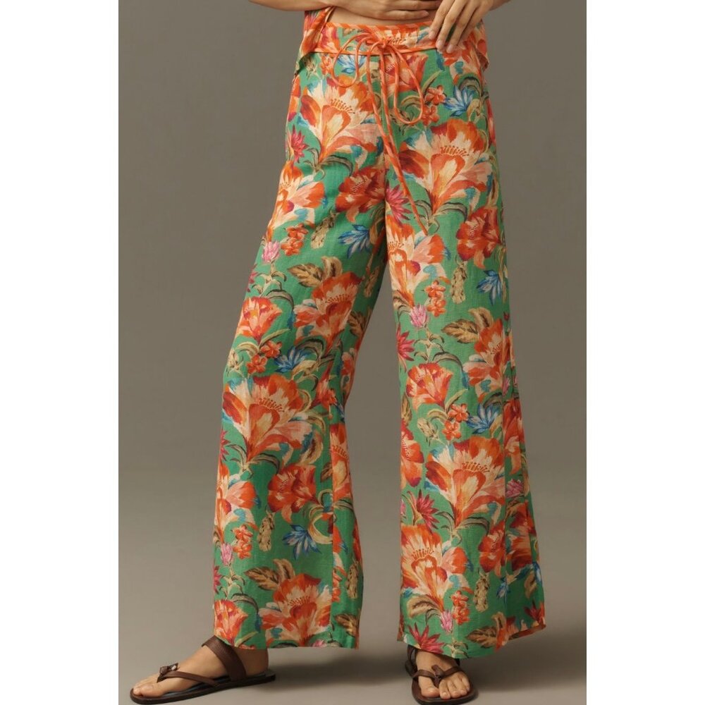 Farm Rio X Anthropologie Tie-Front Tropicart Floral Wide-Leg Pants Size S